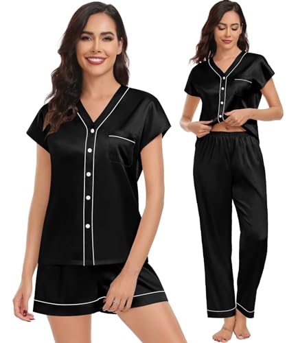 SWOMOG Womens 3 Piece Silk Pajamas Set Short Sleeve Loungewear with Long Pant Comfy Satin Holiday Lounge Sets Navy Blue
