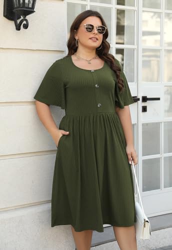 Keluummi Plus Size Casual Dress for Women, with Pocket and 3/4 Sleeve(20 Plus, Army Green)