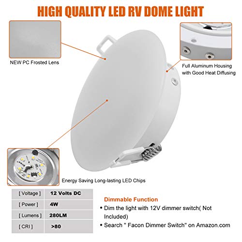 Facon 4.5Inch LED RV Puck Light, DLFST4-008, Full Aluminum Recessed LED Ceiling Lights, 12V Interior Light for RV Motor-Homes Camper Caravan Trailer Boat (Pack of 2)