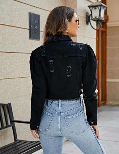 PAODIKUAI Women's Casual Puff Sleeve Button Front Slim Cropped Denim Jean Jacket (Black, X-Small)
