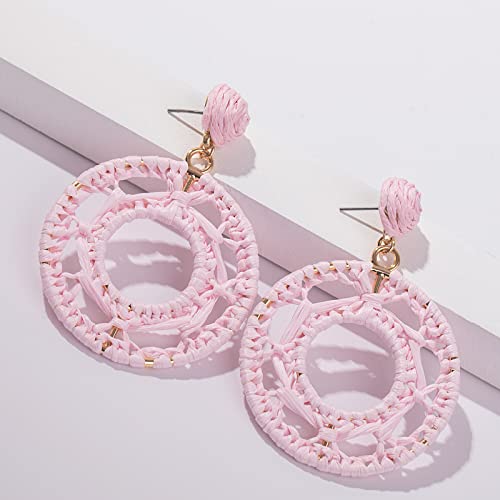 Statement Raffia Earrings Boho Dangle Drop Earrings Cute Handmade Fashion Earring Summer Beach Jewelry for Women(Pink Round Braid)