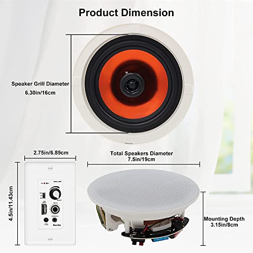 Herdio 6.5'' Bluetooth in Wall in Ceiling Speakers 600W 2-Way Flush Mount Speakers System with Wall Amplifier Receiver for Home Theater Office Bathroom(2Pairs, Paintable-Grille)