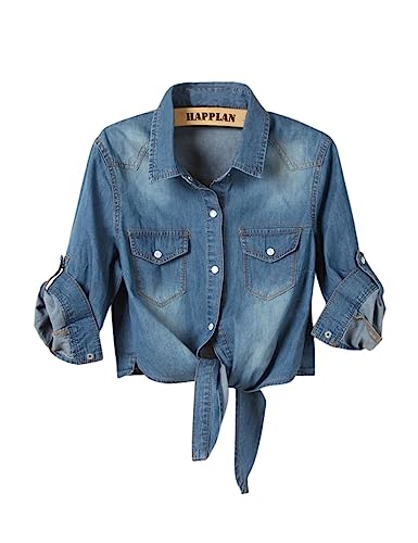 happlan Women's Loose Lapel 3/4 Sleeve Tie Knot Denim Shirt Short Crop Top(0146-DarkBlue-XS)