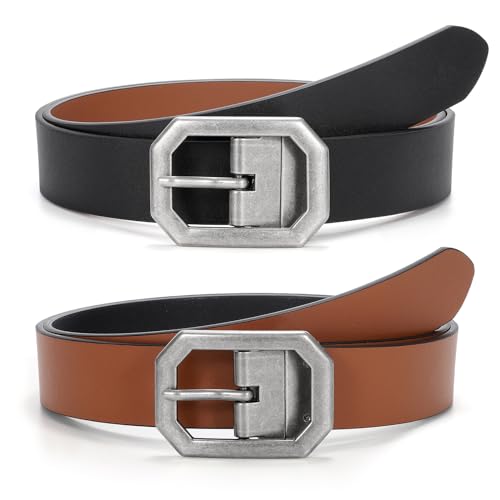 JASGOOD Women Reversible Leather Belt for Jeans Pants Fashion Leather Belt with Rotated Silver Buckle, A-Black/Brown