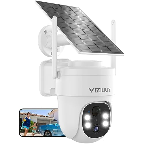 VIZIUUY Solar Security Cameras Wireless Outdoor, 3MP Pan Tilt 360°WiFi Camera with Color Night Vision/PIR Sensor/2-Way Audio/Alexa/Google Assistant