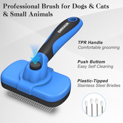 Swihauk Self Cleaning Slicker Brush for Dogs & Cats, Skin Friendly Grooming Cat Brush, Dog Brush for Shedding, Deshedding Brush, Hair Brush Puppy Brush for Haired Dogs, Pet Supplies Accessories, Blue