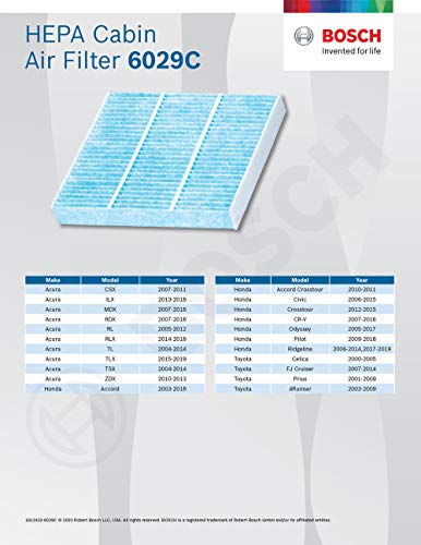 BOSCH 6029C HEPA Cabin Air Filter - Compatible With Select Acura CSX, ILX, MDX, RDX, RL, RLX, TL TLX, TSX, ZDX; Honda Accord, Civic, Crosstour, CR-V, Odyssey, Passport, Pilot, Ridgeline