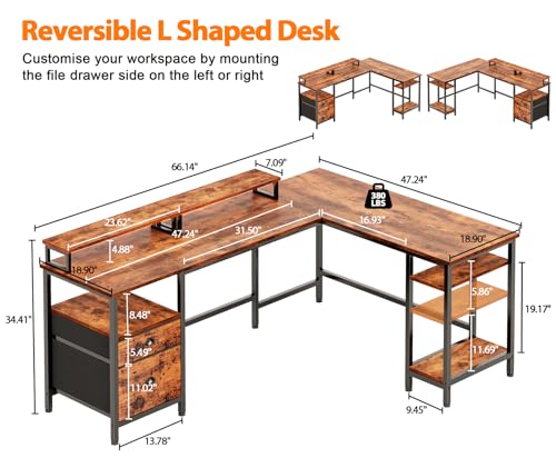 Furologee 66" L Shaped Computer Desk with Shelves, Reversible Corner Gaming Desk with File Drawer and Dual Monitor Stand, Large Home Office Desk Writing Study Table Workstation, Rustic Brown