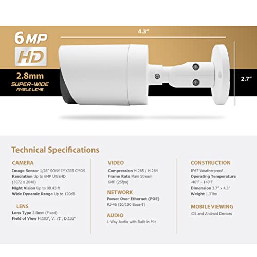 Marquis HD 6MP PoE IP Color vu Bullet Camera 24/7 Color Night SonyStarvis Sensor w/Audio and SD Card Slot IP Security Camera IP67 Weatherproof Wide Angle 2.8mm (SDCard Not Included)