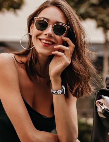Minyee Leather Band Compatible with Apple Watch Band 38mm 40mm 41mm Women, Dressy Designer Embossed Black Leather Wristband Sunflower Pattern Strap for iWatch Ultra 2, Series 9/8/7/6/5/4/3/2/1/SE