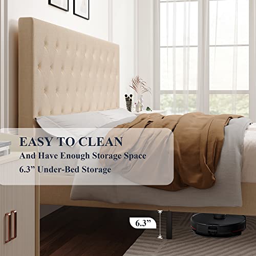 Allewie Full Size Bed Frame with Adjustable Headboard/Diamond Stitched Button Tufted/Fabric Upholstered Platform Bed Frame/Wood Slat Support/No Box Spring Needed/Easy Assembly, Beige