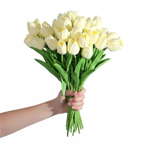 SITUMEIZI 15pcs Fake Tulips Artificial Flowers Real Touch Red 14" Silk Flower for Home Kitchen Decor Wedding Bouquet Decorations Office Floral Arrangements(Orange)