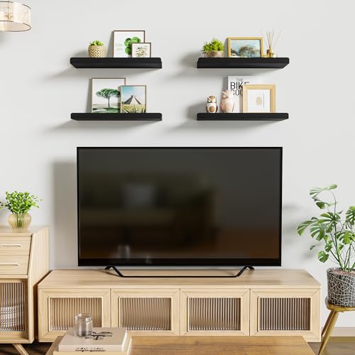Love-KANKEI Black Floating Shelves for Wall Set of 4, Wood Wall Shelves with Lip,15.6 Inch Rustic Hanging Shelves for Bedroom Bathroom Living Room Kitchen Nursery Display