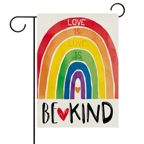 Dyrenson Love is Love Rainbow Decorative Garden Flag, Be Kind LGBTQ Gay Lesbian Heart Yard Outside Pride Month Home Decoration, LGBT Bisexual Pansexual Burlap Outdoor Small Decor Double Sided 12 x 18