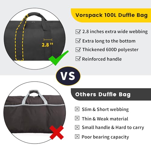 Vorspack Extra Large Duffle Bag for Travel - 100L Duffel Bag for Men Gear Bag for Storage Foldable Weekender Bag for Overnight Camping - Black