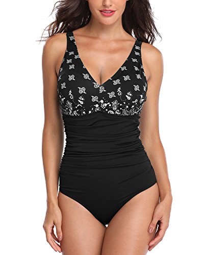 PERONA Women's One Piece Swimsuit Tummy Control V Neck Bathing Suit Vintage Printed Swimwear Pink