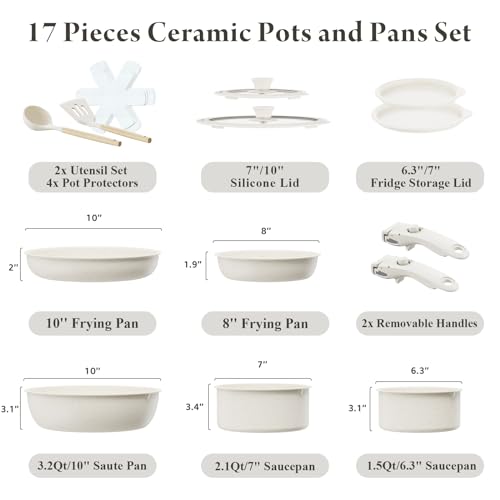 Bazova Ceramic Nonstick Cookware Set, Healthy,Non Toxic,17-Pieces Pots and Pans Set Removable Handles,Induction RV Kitchen Set,Stain & Scratch-resistant,Dishwasher/Oven Safe,PFAS/PFOA Free,Cream White