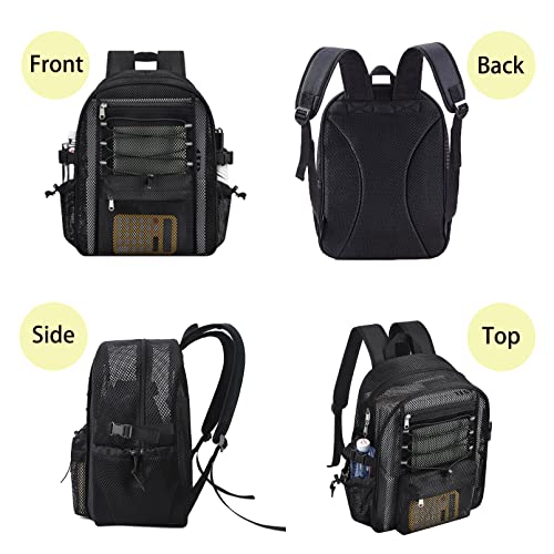 UEASE Mesh Backpack Heavy Duty for School, 23L Mesh Bookbag for Adults, See Through Black Mesh School Bag with Laptop Pocket for Work Swimming Beach Fitness Sport