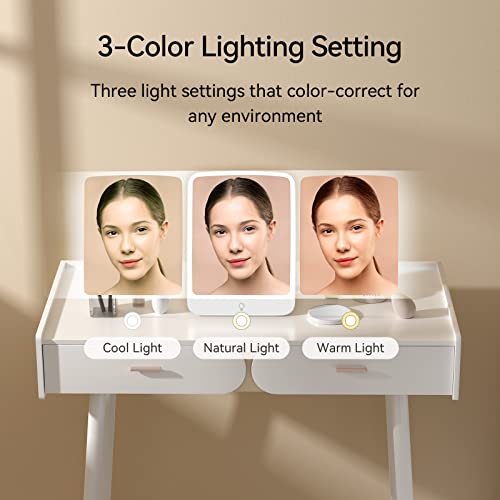 POPLIZZ 11" x 8" Portable Makeup Mirror with Light, Folding Mirror with 83 LED Lights for Desk, 2000 mAh USBC Rechargeable Travel Makeup Mirror