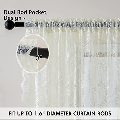 MIULEE White Lace Curtains 84 Inches Long for Living Room Bedroom, Scalloped Sheer Curtains Rose Floral Embroidered Farmhouse Window Drapes Vintage European Tulle Retro Style, Rod Pocket, 2 Panels Set
