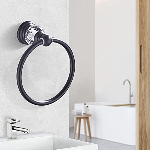 WINCASE Crystal Towel Ring, Black Hand Towel Holder, Bathroom Round Towel Hanger Racks Wall Mount Matte Black