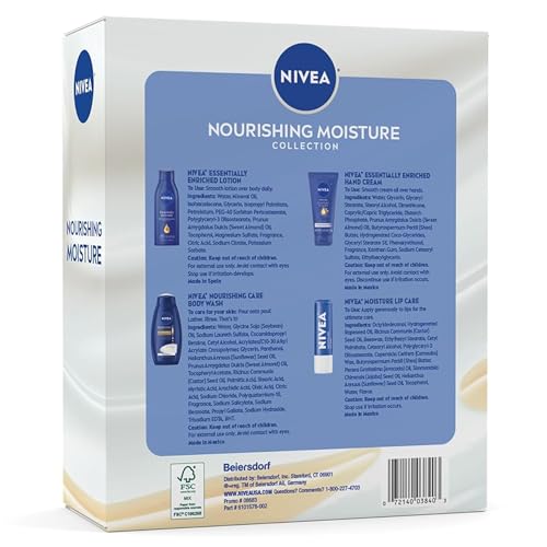 NIVEA Nourishing Moisture Collection Skin Care Set, Nourishing Care Body Wash, 20 Fl Oz Bottle + Body Lotion, 13.5 Fl Oz Bottle + Hand Cream, 2.6 Oz Tube + Moisture Lip Care Balm, 0.17 Oz Stick