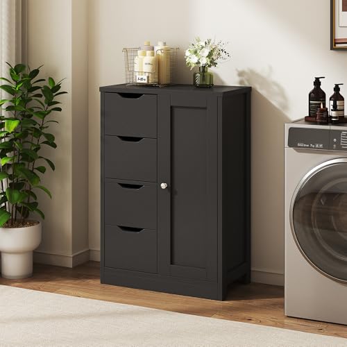 Vongrasig Bathroom Floor Storage Cabinet, Wooden Storage Organizer with 4 Drawers and 1 Door, Freestanding Pantry Cabinet with Adjustable Shelves for Bathroom, Living Room, Kitchen, Entryway, Black