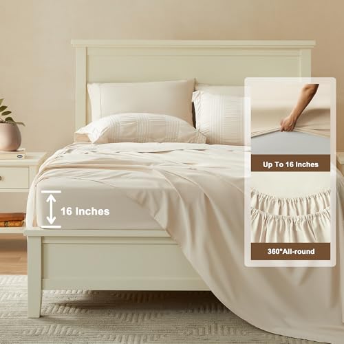 GRT Twin Comforter Set 5 Pieces, Beige Cationic Dyeing Bed in a Bag Twin, Lightweight Striped Seersucker Bedding Set for All Seasons with Comforter, Flat Sheet, Fitted Sheet, Pillowcases & Shams