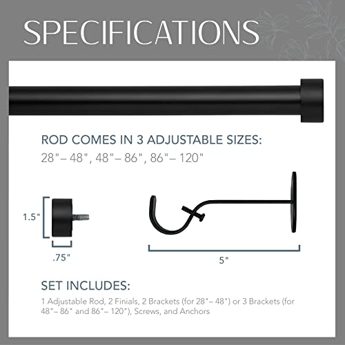 Elrene Home Fashions Serena Single Curtain Rod for Curtains and Drapery with Contemporary Cap Finials, 1-Inch Diameter, 28" - 48" Adjustable Rod, Antique Black