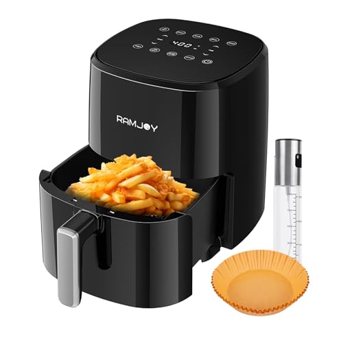 RAMJOY Air Fryer 3.8 Quarts for 1-2 people, 8-in-1 Functions, Air Fry, Roast, Bake, Broil, Preheat, Shake, Digital Small Air Fryer, Nonstick Dishwasher-Safe Basket, Compact Air Fryers, Black