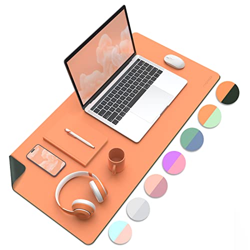 MoKo Desk Mat, Dual-Sided Office Desk Pad Waterproof, Large Protector Mouse Pad for Keyboard and Mouse, Leather Desk Writing Pad Large for Office/Home/Decor, 31.5''x15.7', Army Green/Orange