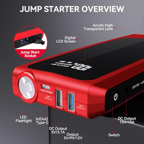 Andeman Car Jump Starter 3000A Peak 20000mAh (Start 9L Gas Engine or up to 7L Diesel Engine) Battery Charger Automotive, 12V Car Jumper, Power Bank Power Pack with Quick Charge Type-C Ports, Red