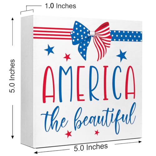 4th of July Independence Day Wood Decor,America the Beautiful Wood Block Sign for Home Bedroom Office Desk Cubicle Decor,July 4th Independence Day Memorial Day Patriotic Decorations