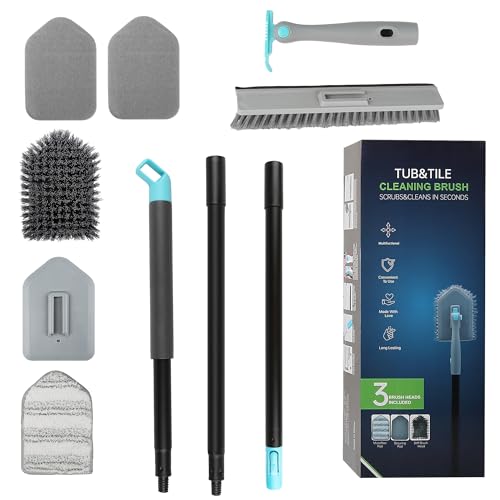 Scrub Brush with Long Handle, 5 in 1 Hard Bristle Shower Scrubber with Crevice Cleaning Brush and Squeegee, 50 inch Heavy Duty Stiff Brushes for Clean Bathroom Ceramic Tile Floor Toilet Tub Kitchen