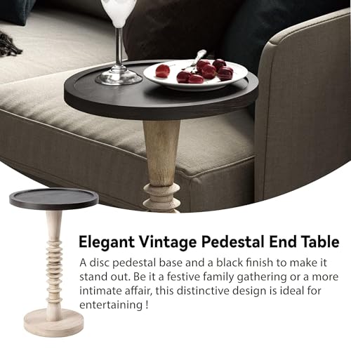Pedestal Small Drinking Table, Farmhouse Tray Top End Table, Distressed Finish, Black Top on Aging White Frame
