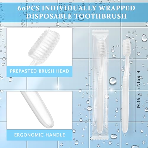 Tioncy 60 Pack Prepasted Disposable Toothbrushes Individual Wrapped Toothbrushes Soft Bristle Travel Toothbrush Single Use Wrapped for Hotel, Camp, Travel and Gift for The Homeless (White)