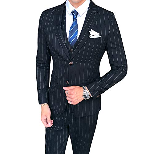 Mens 3 Piece Stripe Suits Set Checked 2 Button Tux Blazer Jacket Vest Trousers