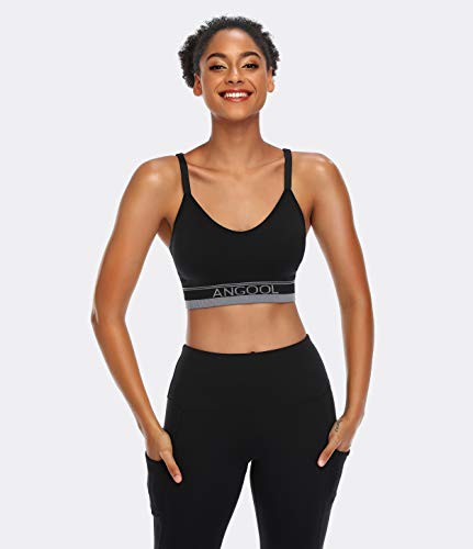 ANGOOL Strappy Sports Bra for Women, Longline Medium Support Yoga Bra Wirefree Padded Sports Bra with Adjustable Straps Black
