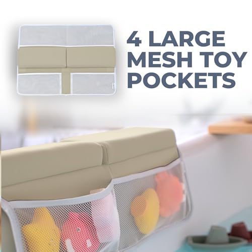 Toodly Baby Bath Kneeler and Elbow Rest Pad Set - Baby Bath Support for Knees and Elbows - Bath Kneeler Pad with Memory Foam and Bath Toys Organizer - Ideal Bath Kneeling Pad for Bathing Baby - Beige