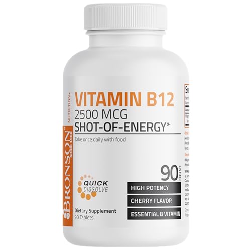 Vitamin B12 2500mcg Shot of Energy Fast Dissolve Chewable Tablets - Quick Release Cherry Flavored Sublingual B12 Vitamin - Supports Nervous System, Healthy Brain Function Energy Production – 90 Count