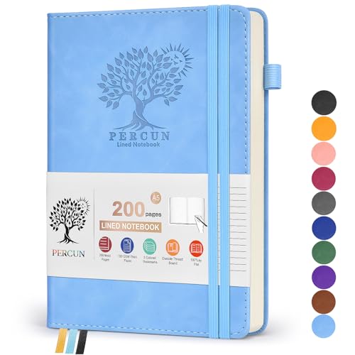 PERCUN Lined Journal Notebook for Women and Men,Hardcover Leather Journaling Notebook for Writing, Travel, Business, Work and School,200 Pages A5 Notebook for Note Taking, Diary 5.9" × 8.5" - Blue