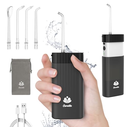 Caredite Water Flosser Cordless,Portable Mini Oral Irrigator Teeth Cleaner, Rechargeable Power Dental Flosser Picks for Travel Home, 4 Tips 3 Modes, IPX7 Wateroproof for Teeth Braces Dental Care,Black