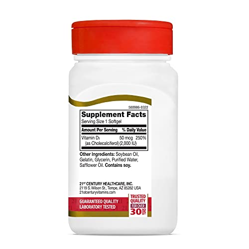 21st Century D3 2000 IU Softgels, 250 Count