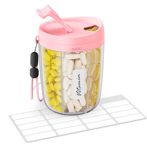 ZIKEE Large Pill Bottle Organizer with Anti-Mixing & Wide Openings Design, Pill Dispenser Holds Monthly Vitamins, Travel-Friendly Supplement Organizer Easy to Fill & Retrieve with a Handle, 20 Labels