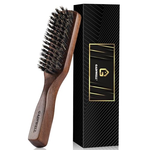 Mens Wild Boar Bristle Hair Brush for Men - Slick Back Hair Brush - Stiff Bristles for Thick Hair, Natural Black Walnut Wooden Handle Hairbrush, Beard Mustache Brush Comb by GAINWELL, Gift for Men