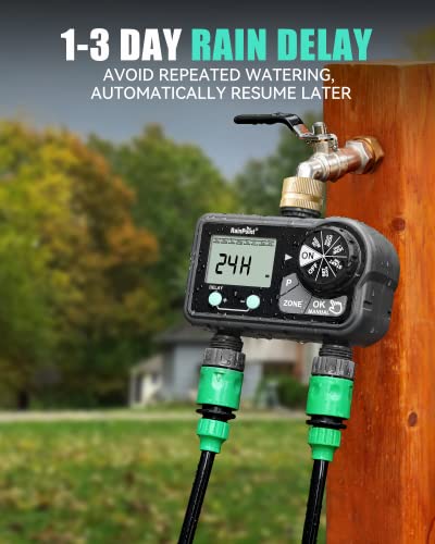 RAINPOINT Brass Sprinkler Timer 2 Stations, Large Digital Water Timer for Garden Hose with 6 Programmable Procedure, Hose Timer with Delay/Manual/Auto Irrigation Mode for Week/Specific/Daily Watering