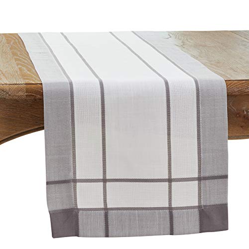 SARO LIFESTYLE Ivoryline Collection Banded Border Table Runner, 16" x 120", Grey