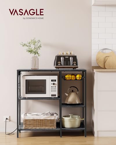 VASAGLE Baker's Rack, Coffee Bar Stand with Charging Station, Storage Shelves, Pull-Out Wire Basket, Table for Microwave, Kitchen, Charcoal Gray UKKS036B22, 15.7 x 35.4 x 35.6 Inches