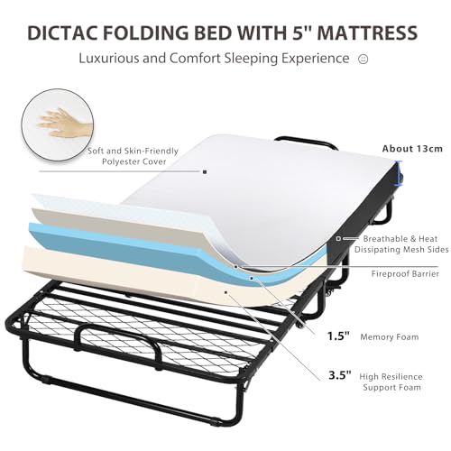 DICTAC Folding Bed with Mattress 75 x 38 Twin Size Bed Frame Portable Foldable Guest Bed for Adults Rollaway Bed with Wheels Fold up Bed for Easy Storage and Move- 5'' Luxurious Memory Foam Mattress