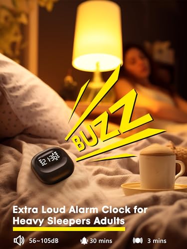 ROCAM Loud Dual Alarm Clock with Bed Shaker, Vibrating Alarm Clock for Heavy Sleepers Adults/Kids/Teens/Deaf, Rechargeable Battery Operated, Travel Digital Clock for Bedrooms, DST, Weekday/Weekend